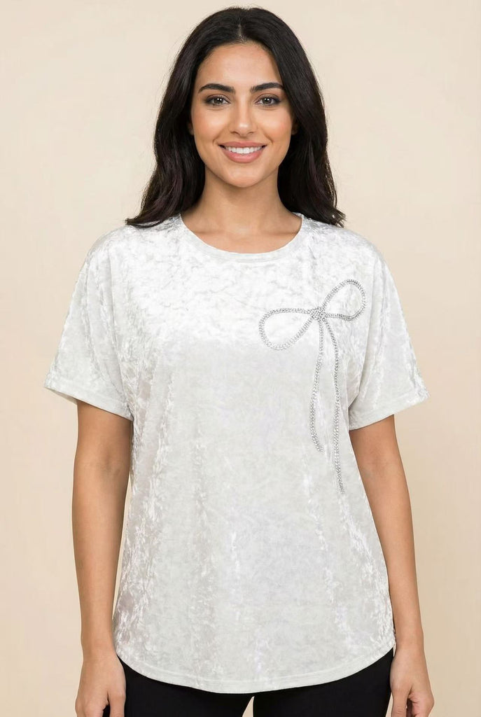 Velvet Bow-Accent Short-Sleeve Top