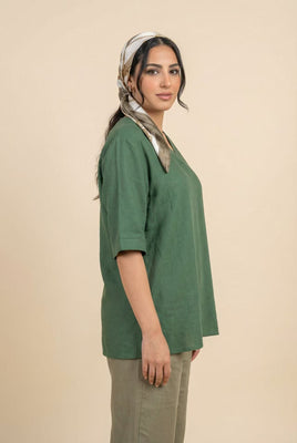 V-Neck Elbow-Sleeve Linen-Blend Top (Multiple Colors Available)
