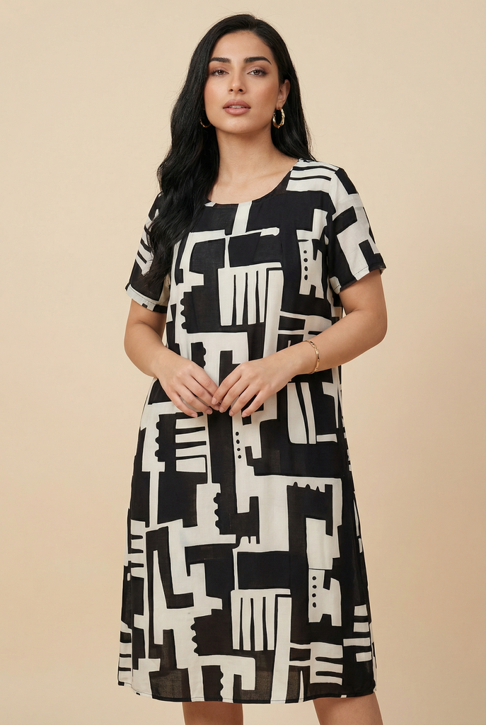 Abstract Geometry Loose-Fit Midi Dress (4 Color Variants)