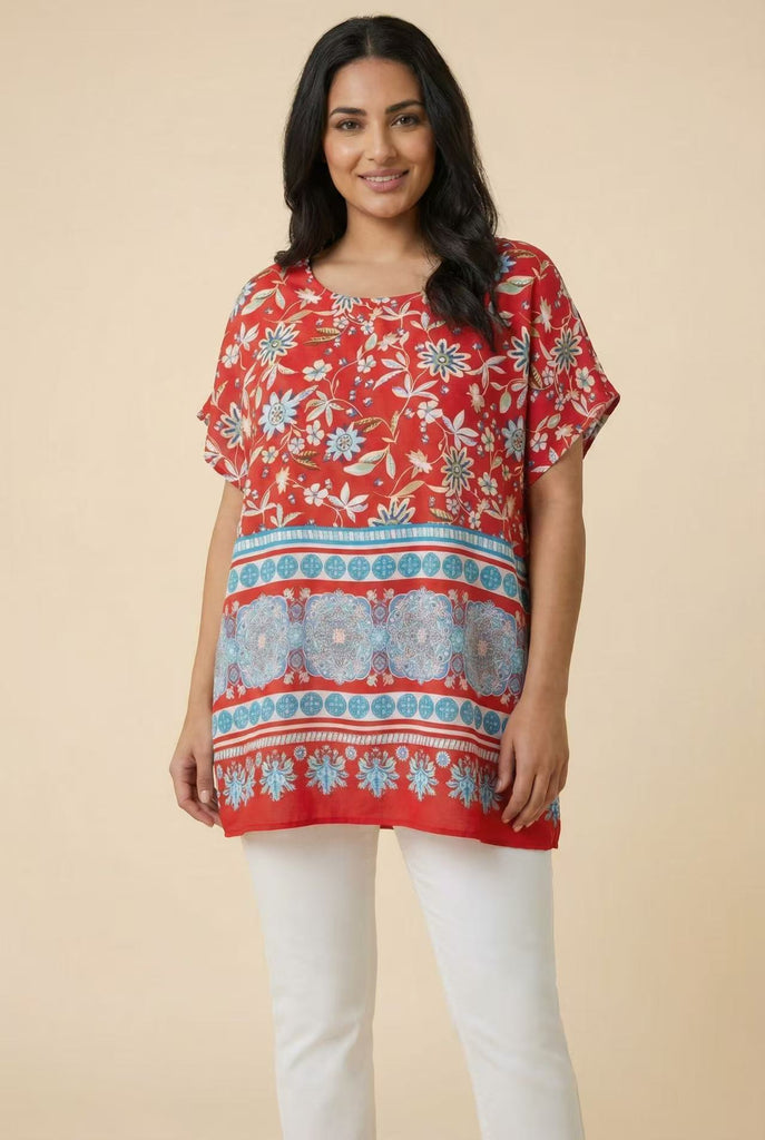 Dolman Sleeve Border Print Top