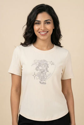 Curved Hem Rhinestone Graphic Ribbed Tee