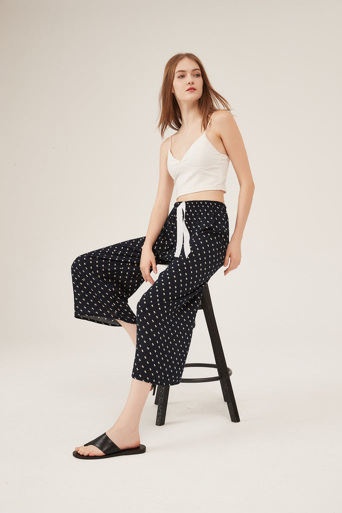 Navy Mini-Print Scalloped-Hem Cropped Pants