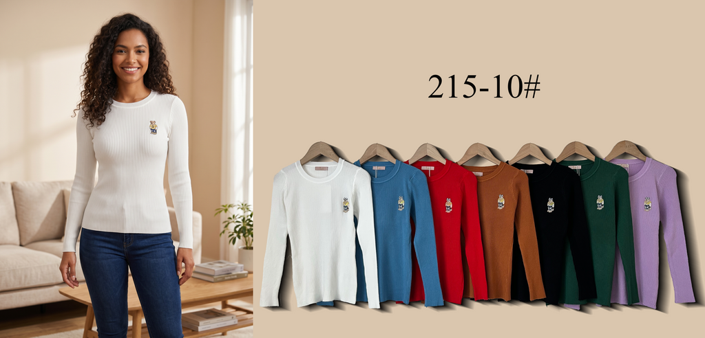 Crew Neck Ribbed Knit Top with Embroidered Motif (Multi-Color & Multi-Pattern Options)