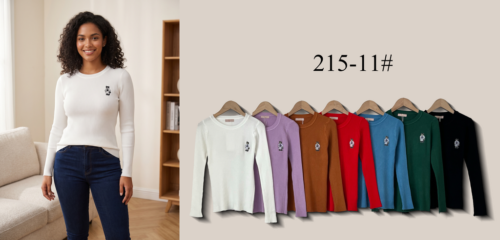 Crew Neck Ribbed Knit Top with Embroidered Motif (Multi-Color & Multi-Pattern Options)