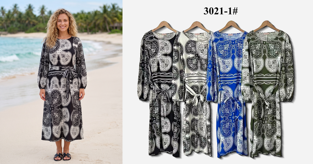 Round Neck Leaf Print Belted Midi Dress (Multi-Color Options)