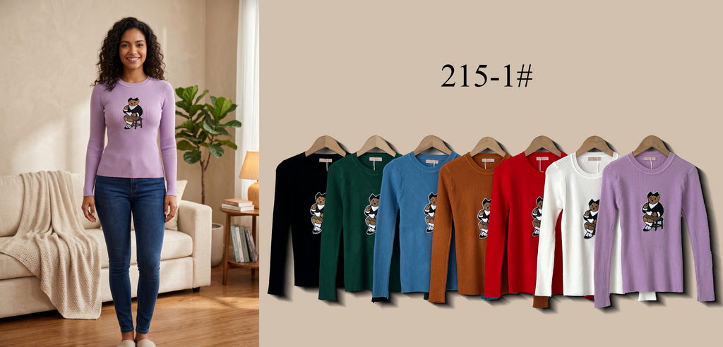 Crew Neck Ribbed Knit Top with Embroidered Motif (Multi-Color & Multi-Pattern Options)