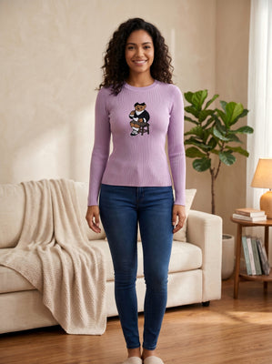 Crew Neck Ribbed Knit Top with Embroidered Motif (Multi-Color & Multi-Pattern Options)