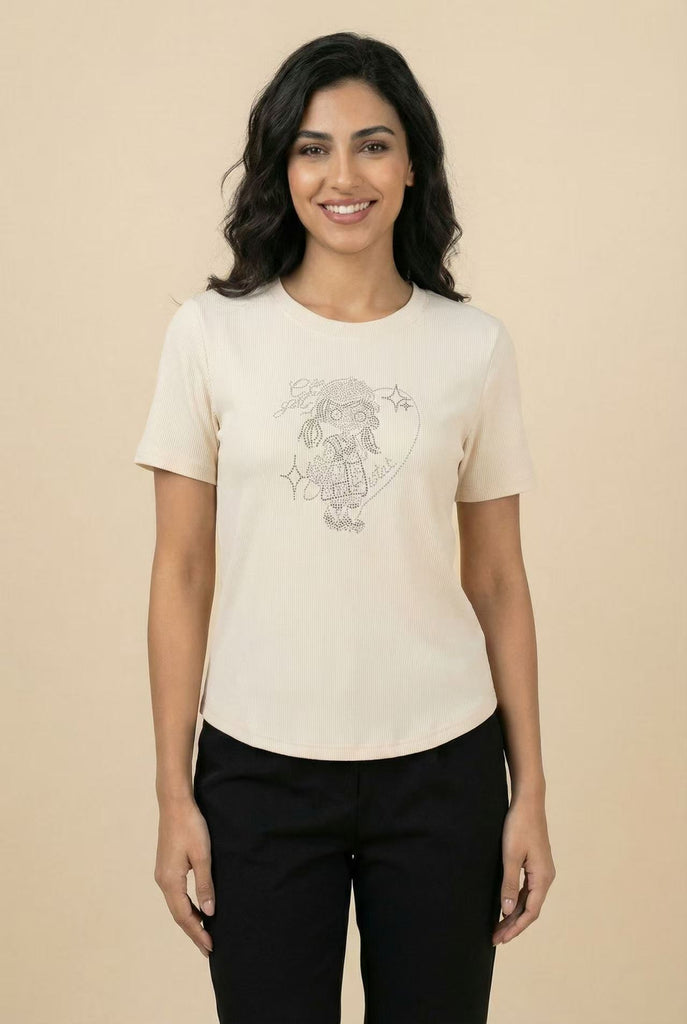 Curved Hem Rhinestone Graphic Ribbed Tee