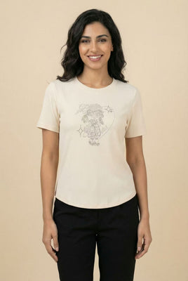 Curved Hem Rhinestone Graphic Ribbed Tee