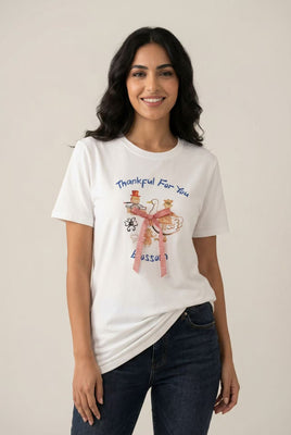 Whimsical Character Print & Bow-Appliqué Short-Sleeve Tee (Multiple Color Options)