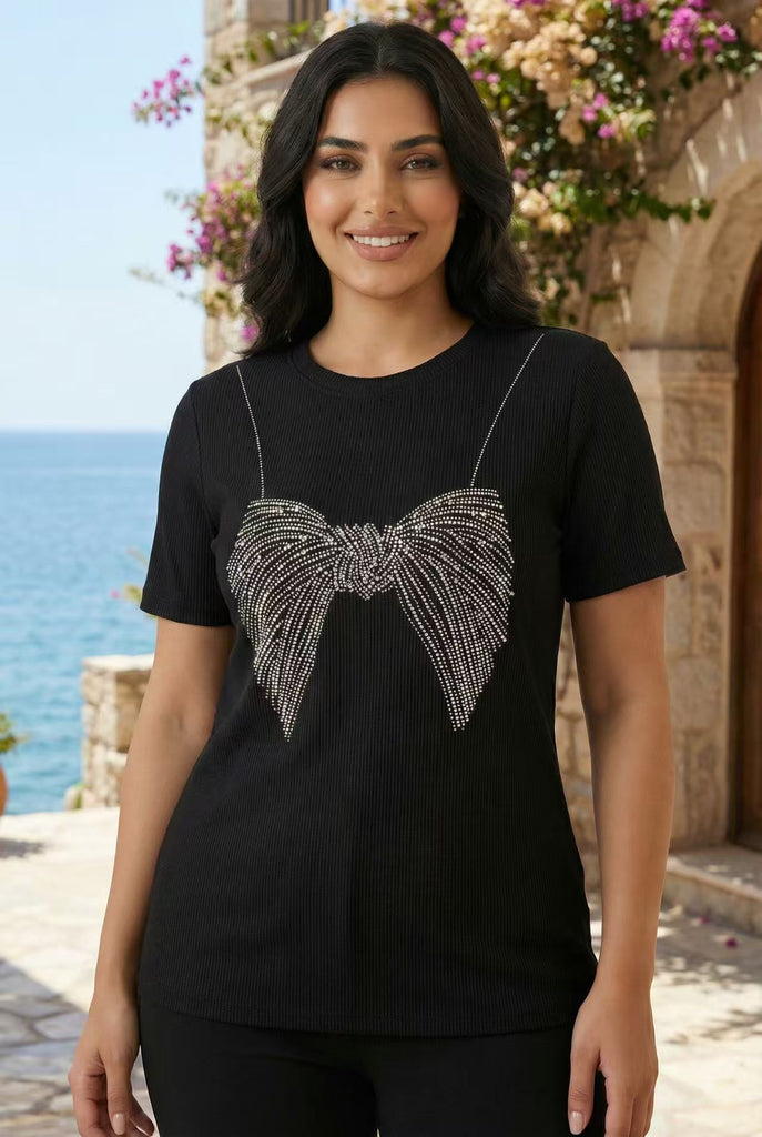 Ribbed Bow Rhinestone Short-Sleeve Tee (Multiple Color Options)