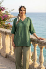 Load image into Gallery viewer, V-Neck Elbow-Sleeve Linen-Blend Top (Multiple Colors Available)