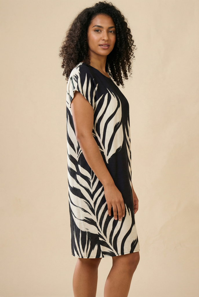 Tropical Leaf-Print Loose-Fit Midi Dress (3 Color Options)
