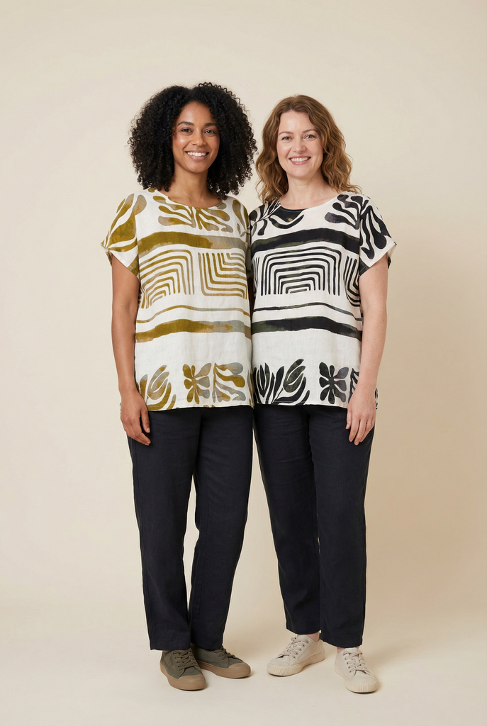 Abstract Print Linen-Blend Blouse (4 Color Options)