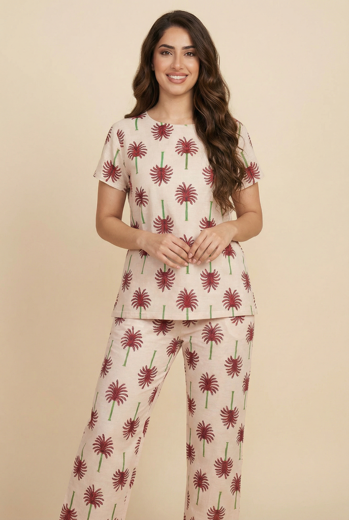 Palm Tree-Pattern Modest Loungewear Set (4 Color Options)