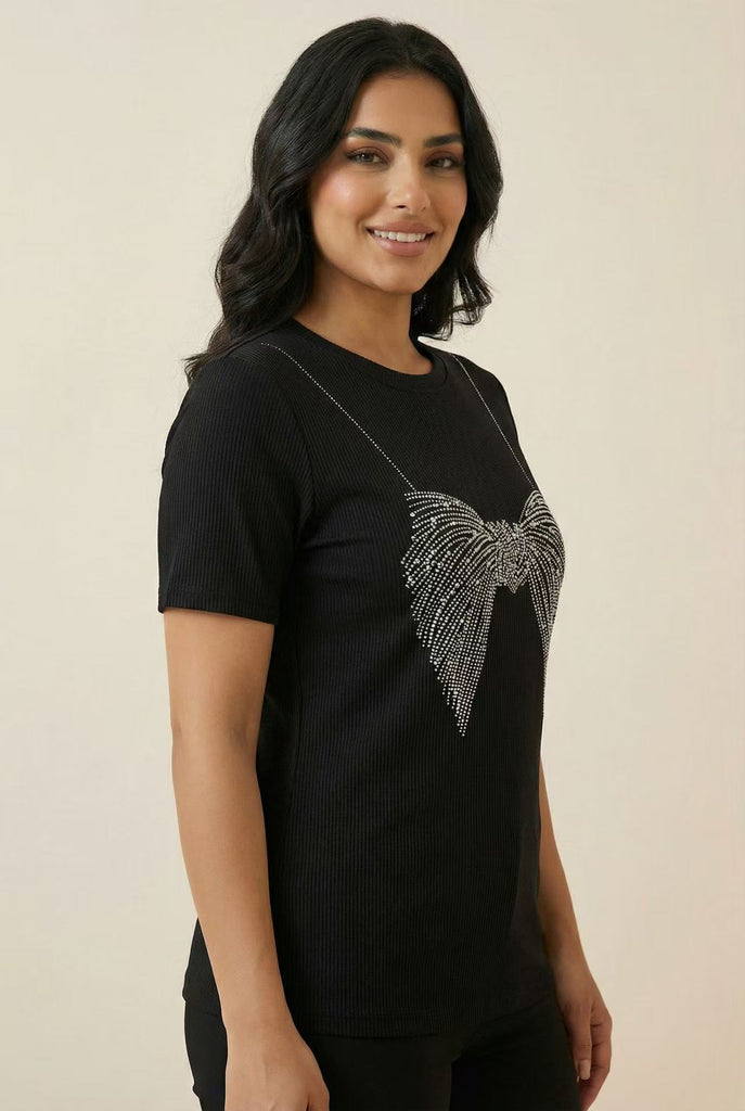 Ribbed Bow Rhinestone Short-Sleeve Tee (Multiple Color Options)