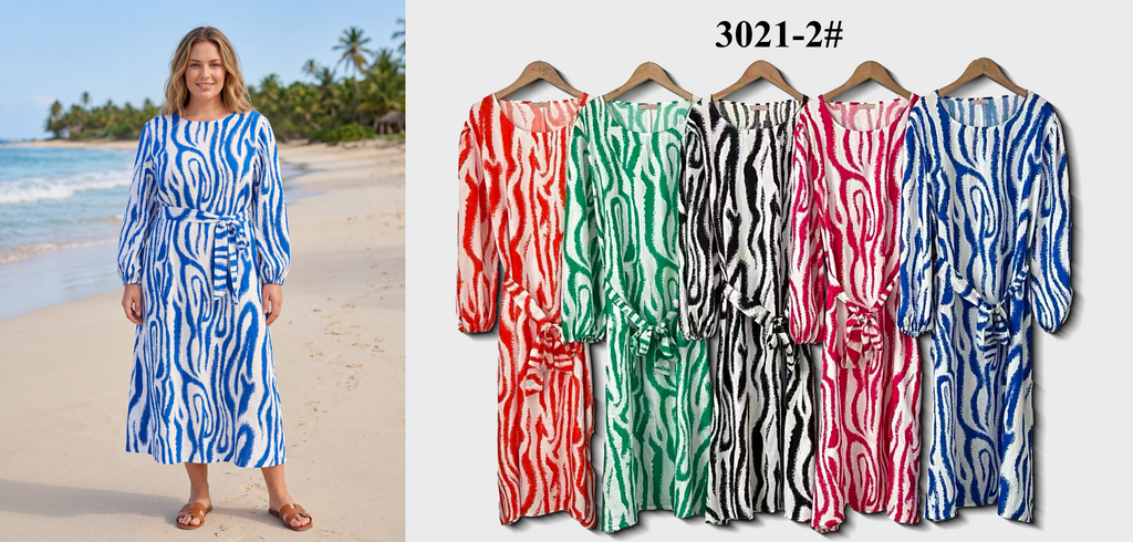Round Neck Leaf Print Belted Midi Dress (Multi-Color Options)