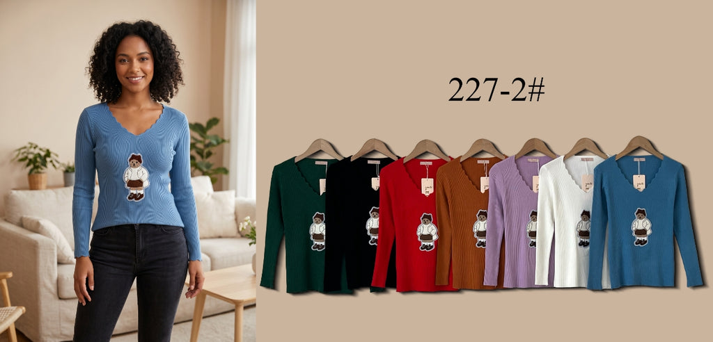 Scallop V-Neck Ribbed Knit Top (Multi-Color & Multi-Pattern Options)