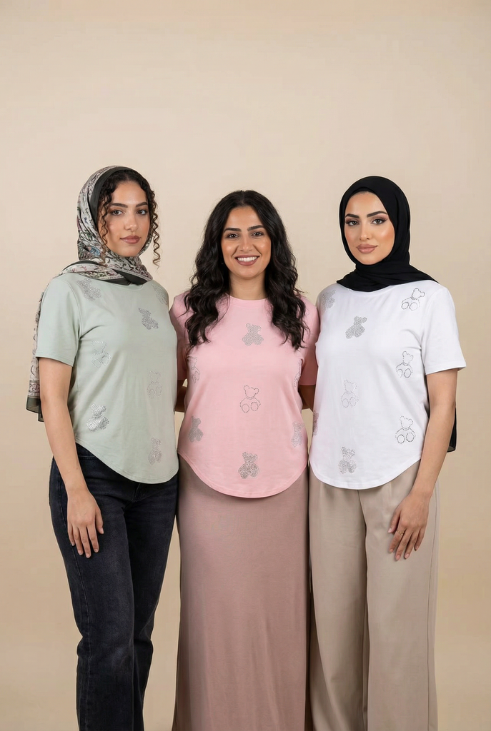 Diamond Bear Embellished Curved-Hem Tee (6 Color Options)