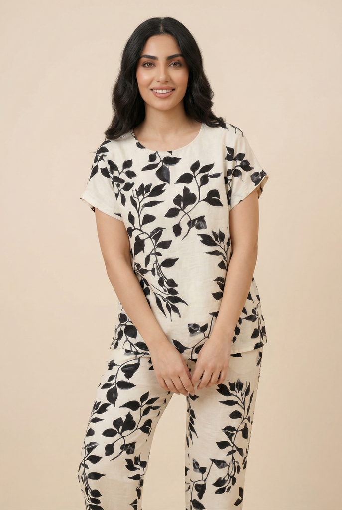 Botanical Leaf-Pattern Loungewear Set (3 Color Options)