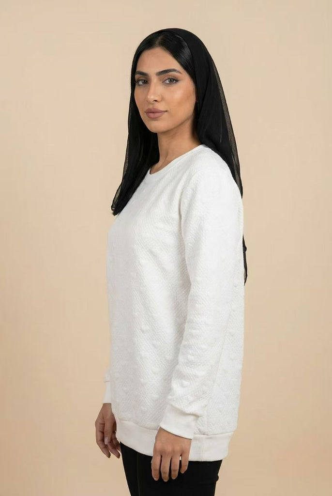Heart-Embossed Textured Crew Neck Sweatshirt