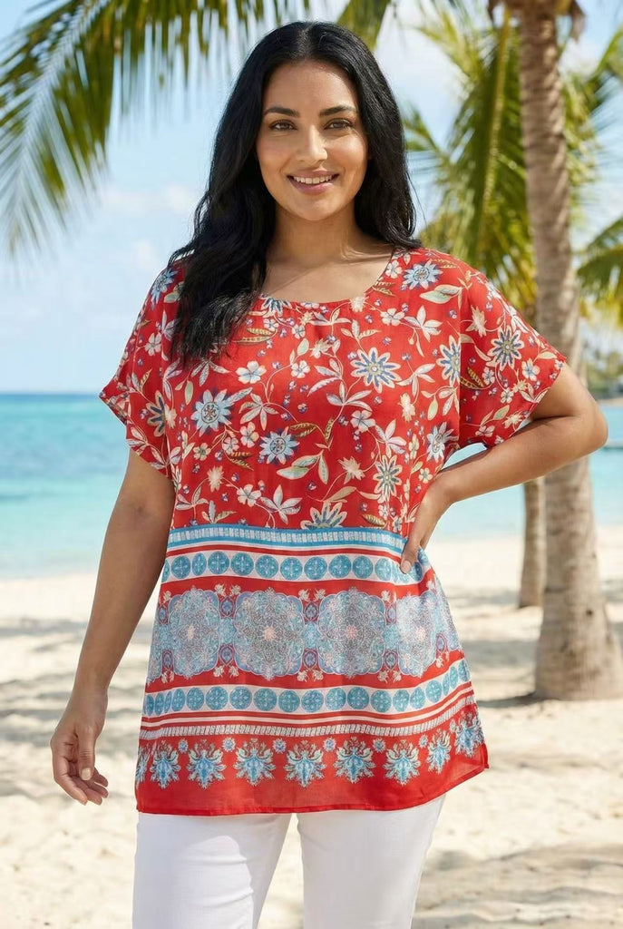 Dolman Sleeve Border Print Top