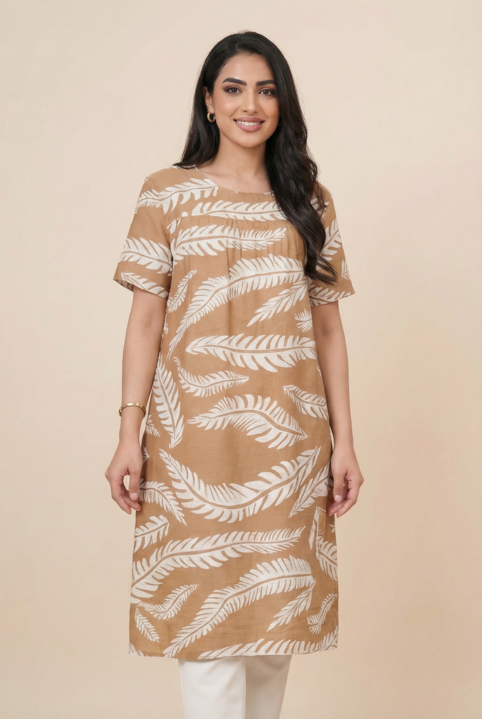 Fern-Print Modest Tunic Dress(4 Color Options)
