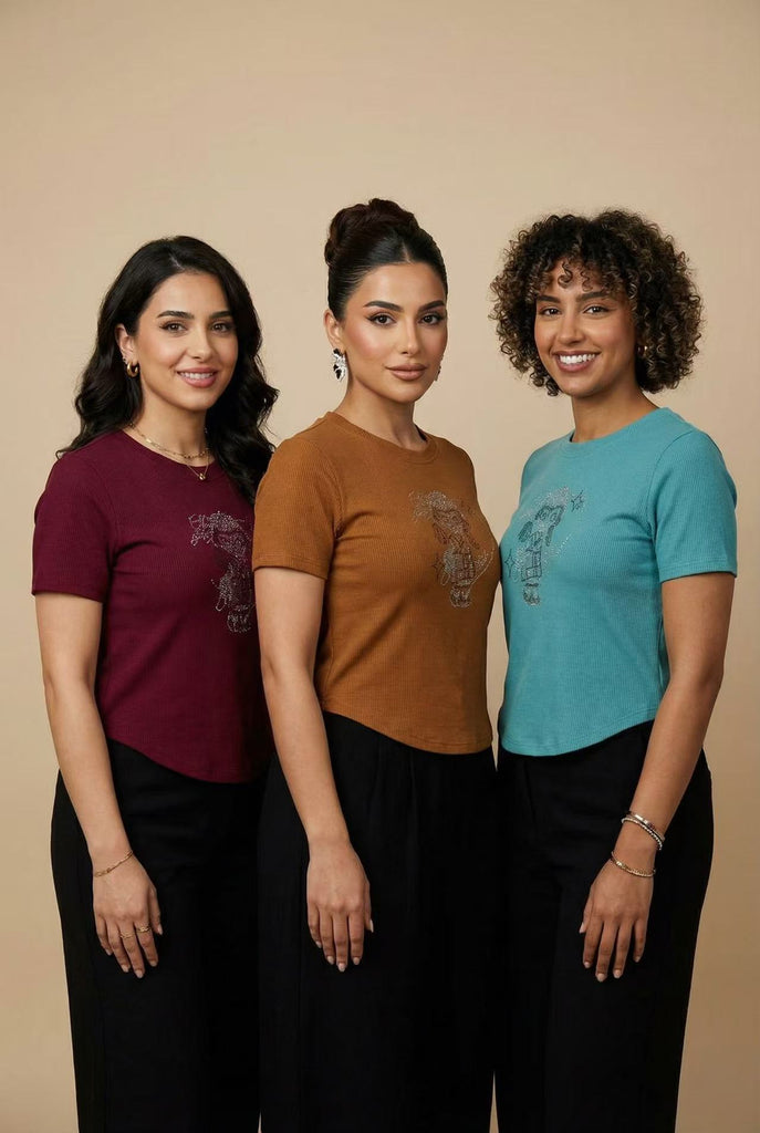 Curved Hem Rhinestone Graphic Ribbed Tee