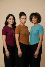 Load image into Gallery viewer, Curved Hem Rhinestone Graphic Ribbed Tee
