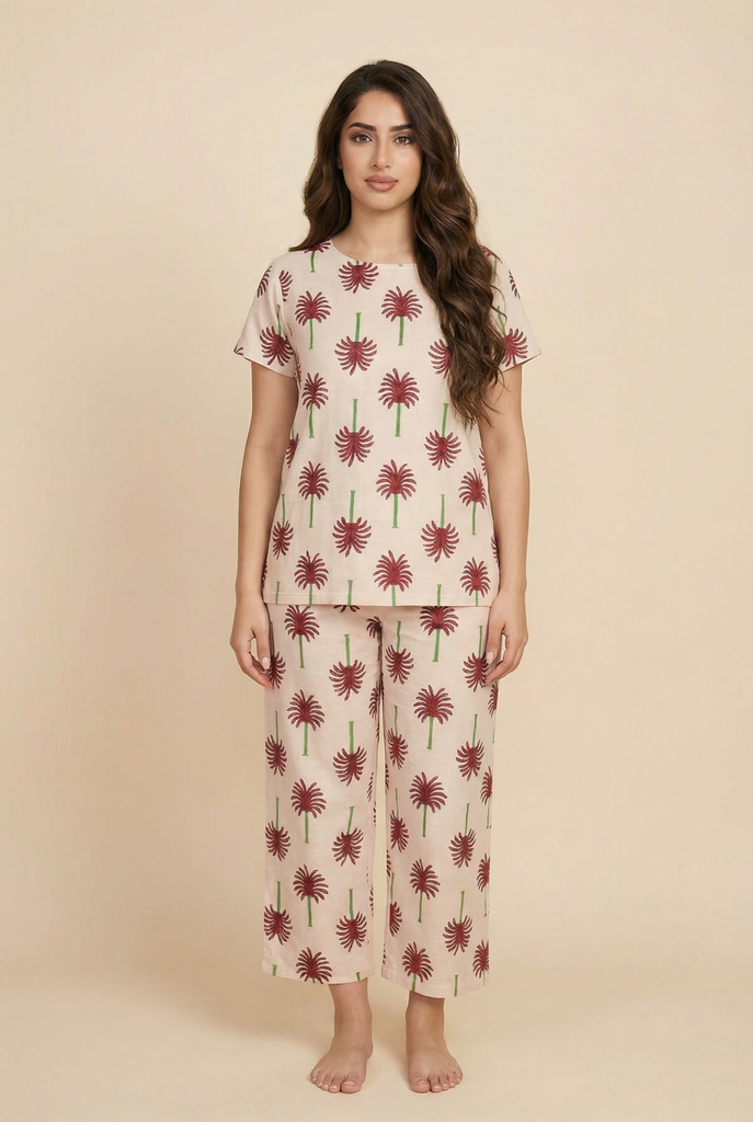Palm Tree-Pattern Modest Loungewear Set (4 Color Options)