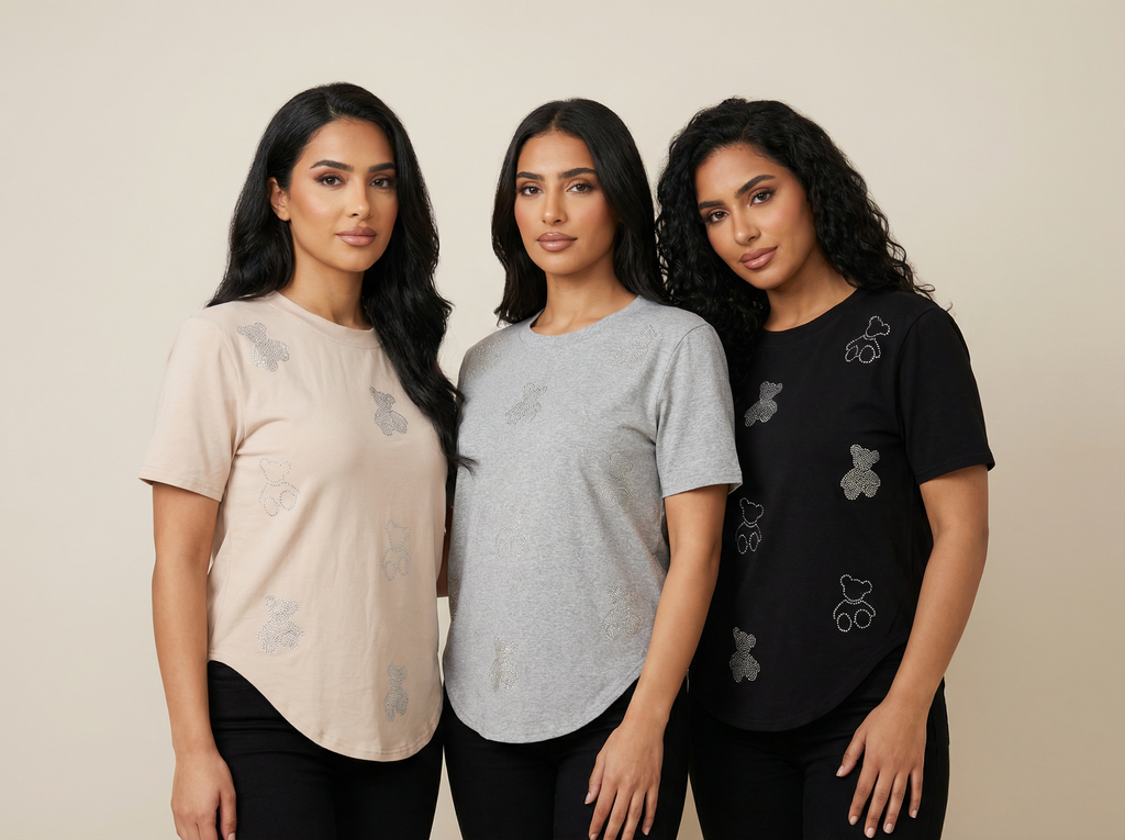 Diamond Bear Embellished Curved-Hem Tee (6 Color Options)