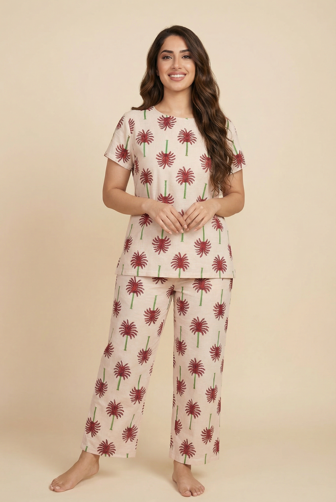 Palm Tree-Pattern Modest Loungewear Set (4 Color Options)