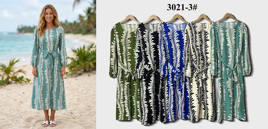 Round Neck Leaf Print Belted Midi Dress (Multi-Color Options)