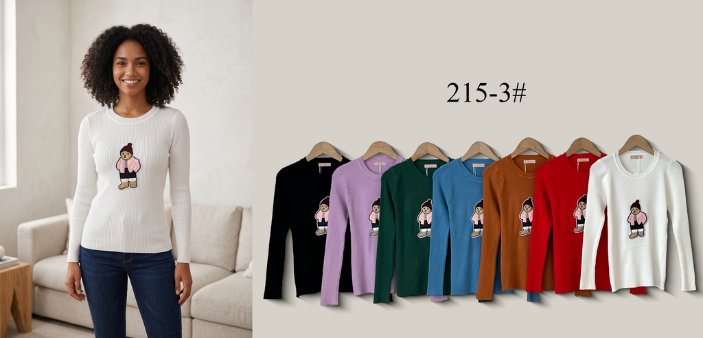 Crew Neck Ribbed Knit Top with Embroidered Motif (Multi-Color & Multi-Pattern Options)