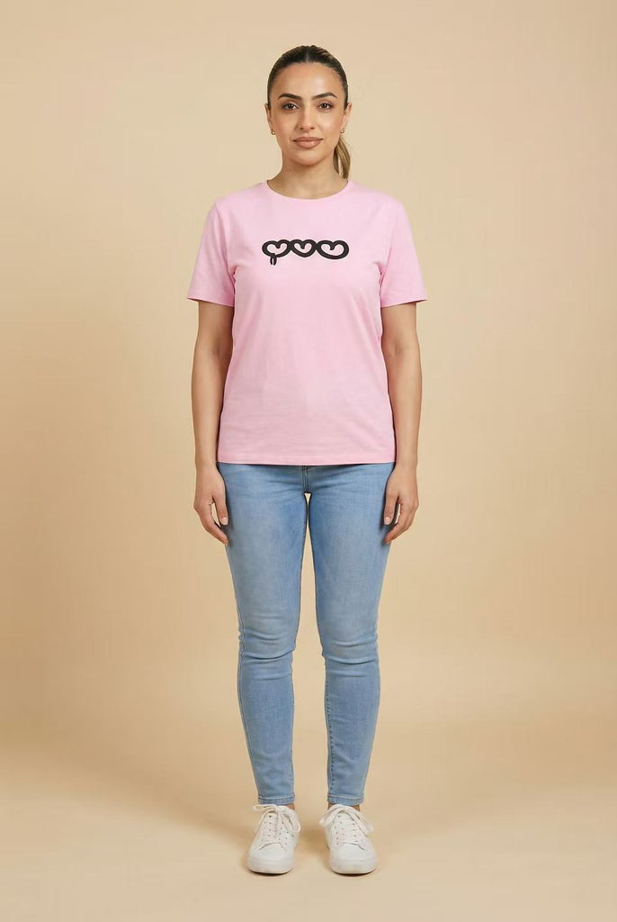 Pink Heart-Embroidered Short-Sleeve Tee