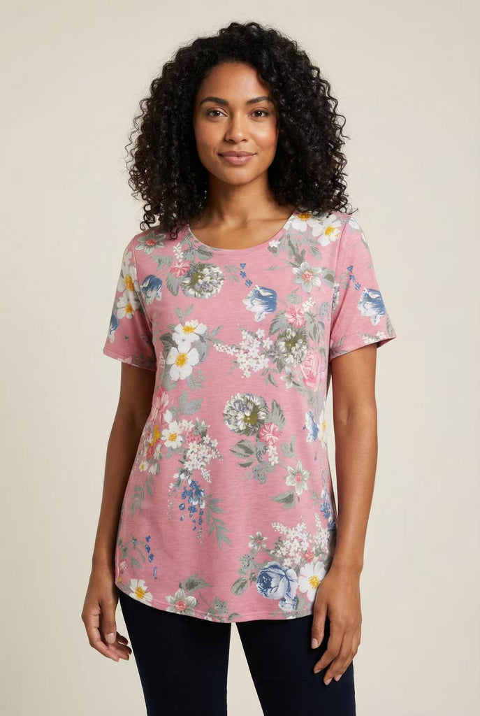Curved Hem Floral Print Short-Sleeve Tee