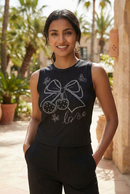 Sleeveless Cropped Rhinestone Ribbed Top
