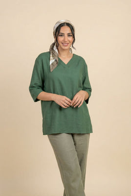 V-Neck Elbow-Sleeve Linen-Blend Top (Multiple Colors Available)