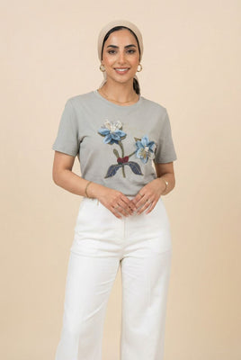 3D Floral-Embroidered Short-Sleeve Tee (Multiple Color Options)