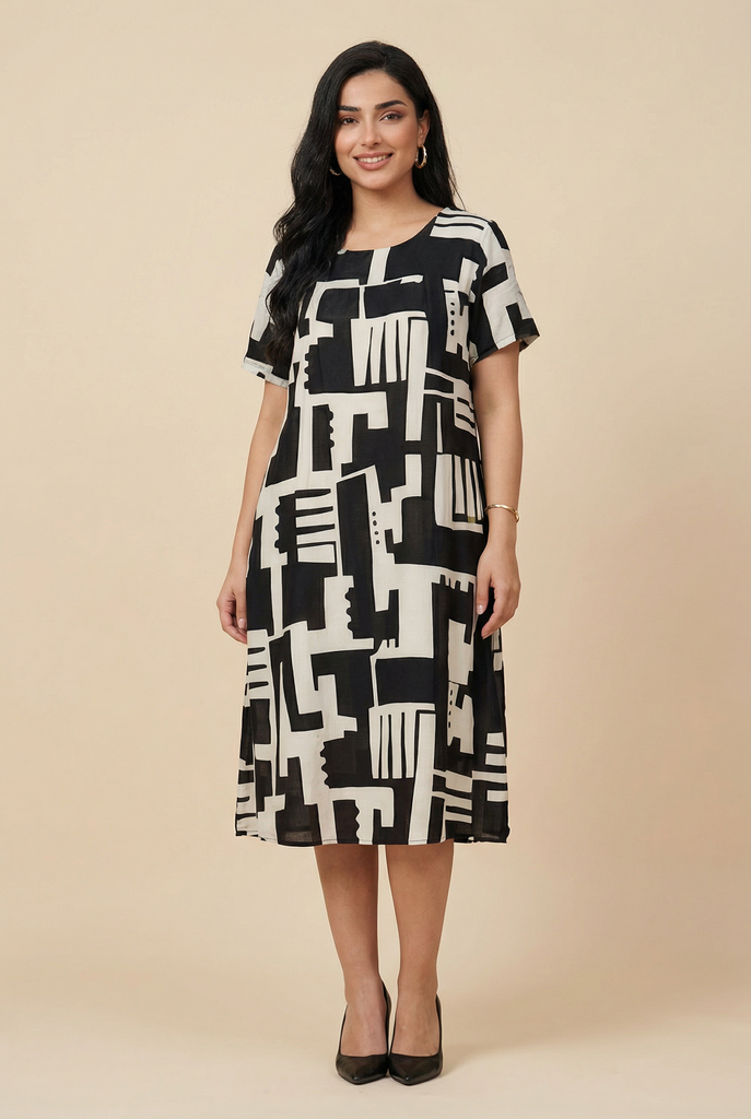 Abstract Geometry Loose-Fit Midi Dress (4 Color Variants)