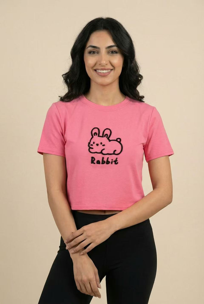 The Cute Crouching Rabbit Embroidered Cropped Tee (Multi-Color Options)