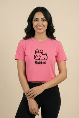 The Cute Crouching Rabbit Embroidered Cropped Tee (Multi-Color Options)