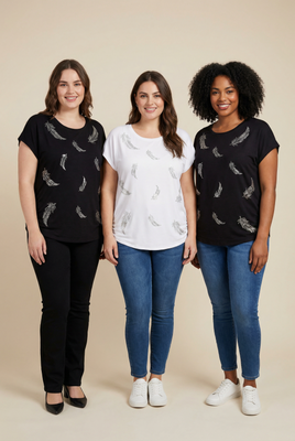 Sequin Feather Embellished Relaxed Tee (4 Color Options)