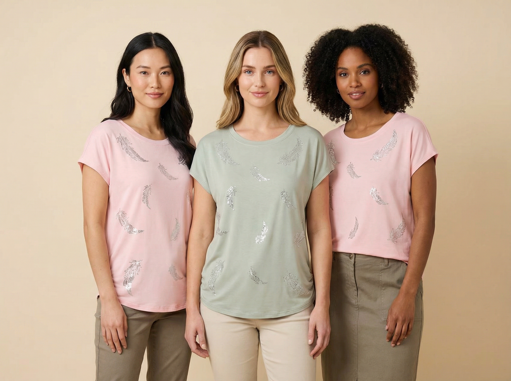 Sequin Feather Embellished Relaxed Tee (4 Color Options)