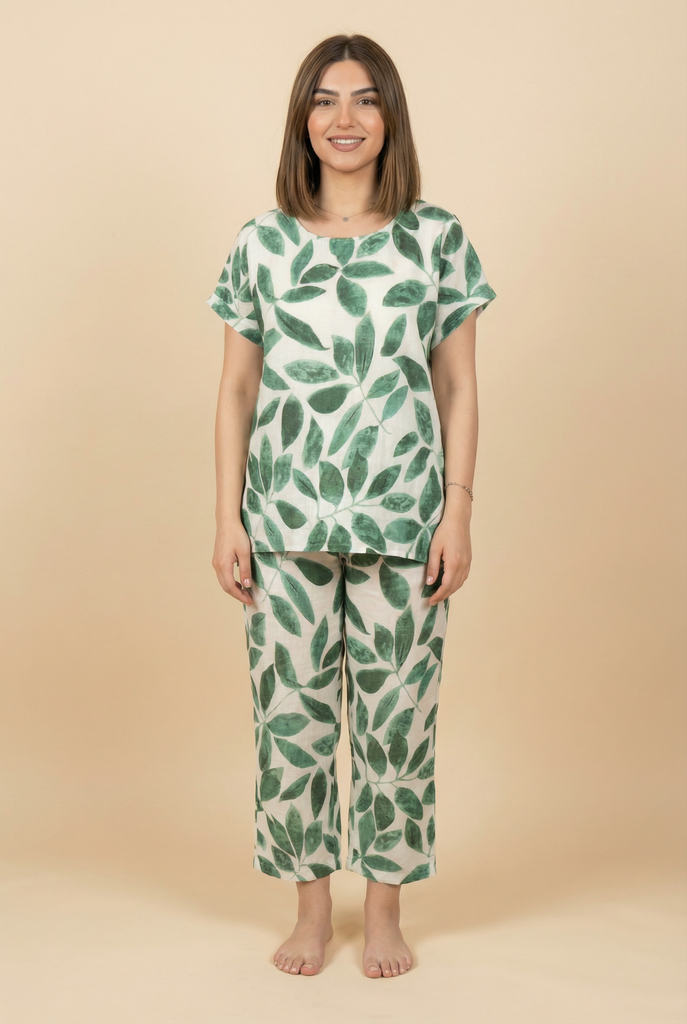 Watercolor Leaf-Pattern Modest Loungewear Set (4 Color Options)