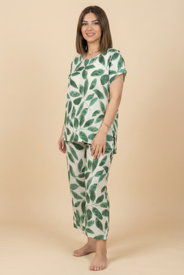 Watercolor Leaf-Pattern Modest Loungewear Set (4 Color Options)