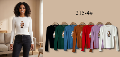Crew Neck Ribbed Knit Top with Embroidered Motif (Multi-Color & Multi-Pattern Options)