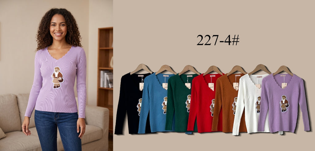 Scallop V-Neck Ribbed Knit Top (Multi-Color & Multi-Pattern Options)