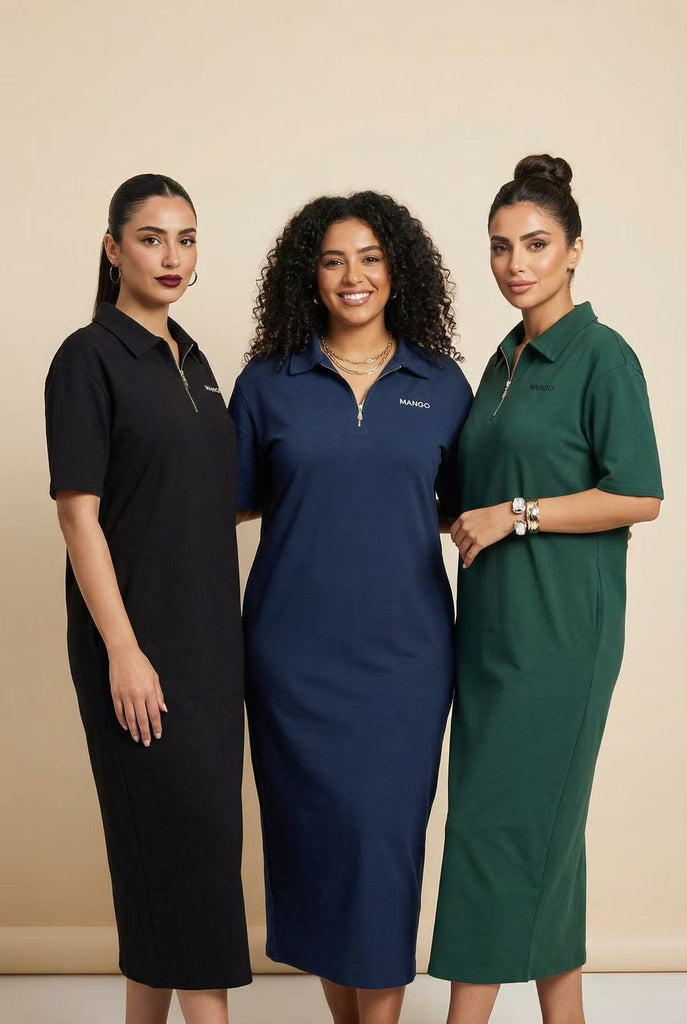 Half-Zip Polo Neck Midi Dress (Multiple Colors Available)