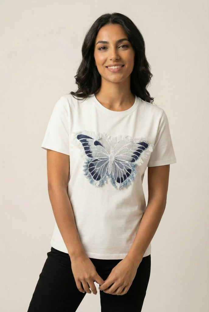 The Fringed Blue Butterfly Embroidered Tee (Single Color Option)